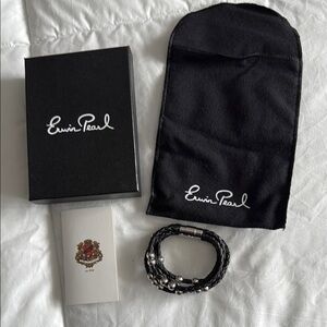 Erwin Pearl Women’s Black Braided Leather and Silver Bracelet